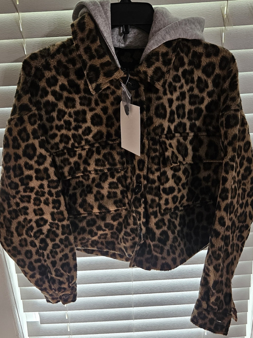 Love Tree Mixed Media Faux Fur Leopard Print Hooded Button Front Coat BNWT Large